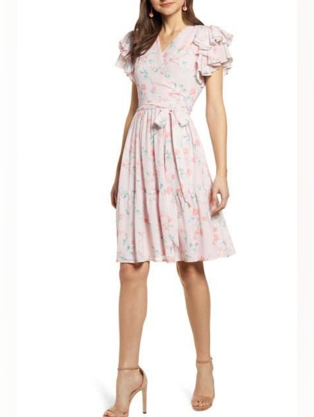 Rachel Parcell - Pink Frosty Floral Tiered Ruffle Sleeve Dress - Large